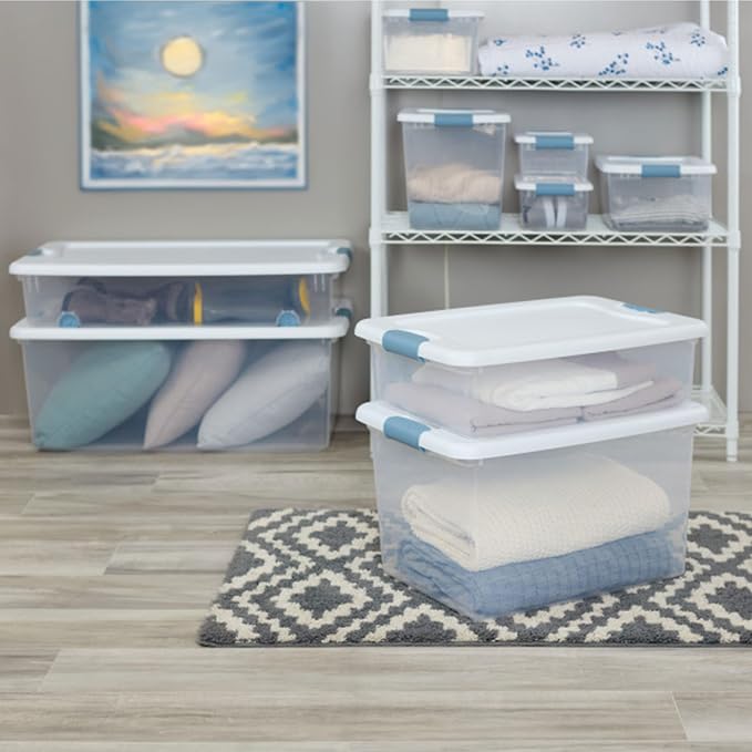 Sterilite 25 Qt Latching Storage Box, Stackable Bin with Latch Lid, Plastic Container to Organize Closet Shelf, Clear with White Lid, 12-Pack | Heavy-Duty and Stackable Plastic Containers with Latches for Closet, Cabinet, Bedroom, Bathroom and Dorm Roo...