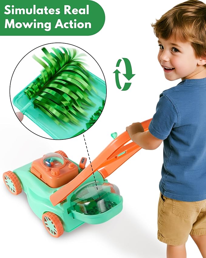 Kids Lawn Mower with Realistic Grass-Cutting Action and Sounds – No Batteries Required | Fun Outdoor Push Toy, Birthday Gift & Holiday Present for 3, 4, 5, 6, 7, 8 Year Old Boys and Girls (Green)
