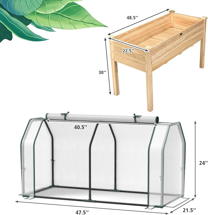 Giantex Raised Garden Bed with Mini Greenhouse, w/Dual Zipper Door, 47.5”x21.5”x24” Planter with Green House for Patio Lawn Garden, Easy Assembly (Natural & White)