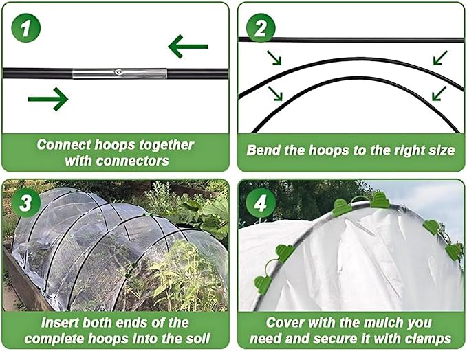 Greenhouse Hoops Grow Tunnel 30 Pcs 16 Inch Up to 6 Sets of 7ft Long Plastic-Coated Rust-Proof Fiberglass Garden Hoops for Raised Beds with 25 Pcs Metal Connect Pipes and 20 Clamps