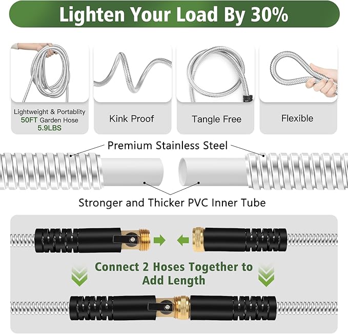 Metal Garden Hose 50 ft Stainless Steel Water Hose Heavy Duty Flexible Lightweight Durable Long No Kink Hoses Pipe with 10 Function Nozzle Strong 3/4’’ Solid Brass Fitting for Outdoor Yard