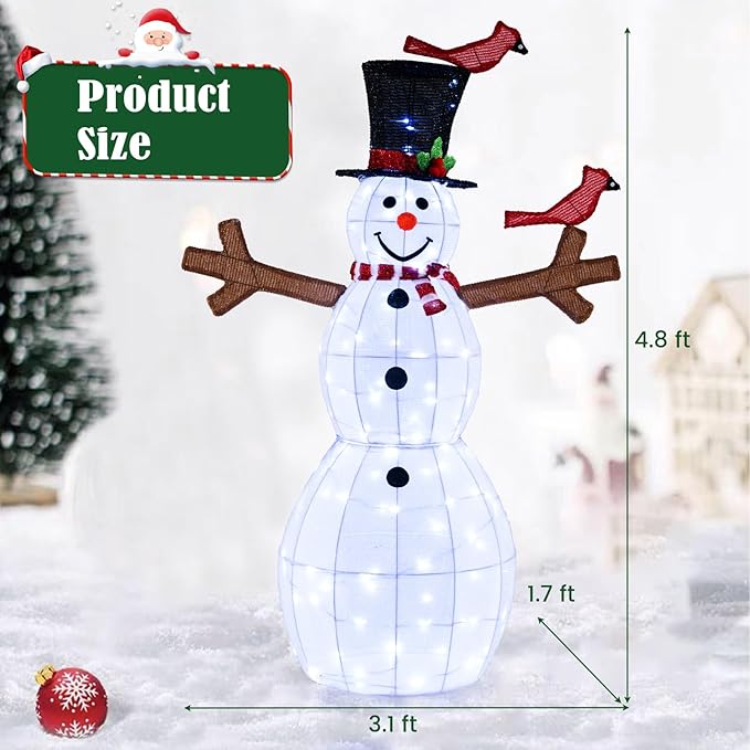 Tangkula 4.8 FT Christmas Lighted Snowman with Red Birds, Indoor Outdoor Pre-Lit Xmas Snowman with 120 LED Lights, Zip Ties & Ground Stakes, Snowman Holiday Decoration for Front Porch, Yard, Garden