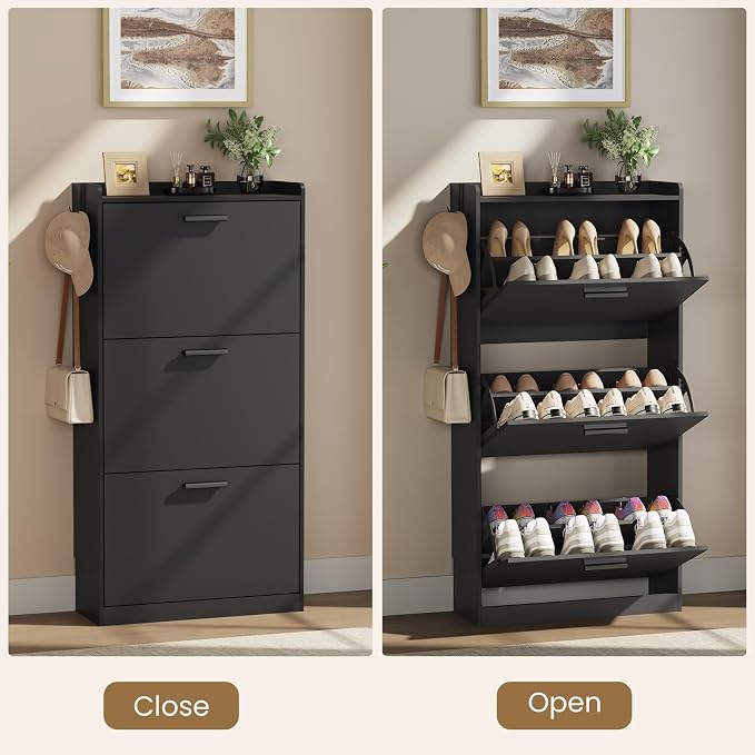 Shoe Cabinet Organizer with 3 Flip Drawers,Narrow Shoe Rack 23.6" W White