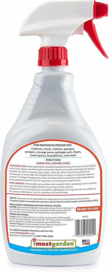I Must Garden Mouse & Rat Boosted Rodent Repellent Spray – Powerful Peppermint Oil Plus Additional Plant-Based Ingredients for Strong, Natural Protection - Large 32oz Size - Indoor/Outdoor/Vehicle