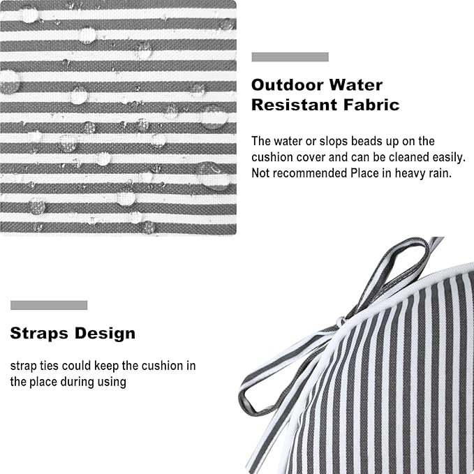 DYTXIII Set of 2 Outdoor Chair Cushions with Ties,Water Repellent Patio Chair Pads 17"x 16" for Outdoor Furniture,Round Corner Seat Cushions for Garden Yard Kitchen Stripe Gray