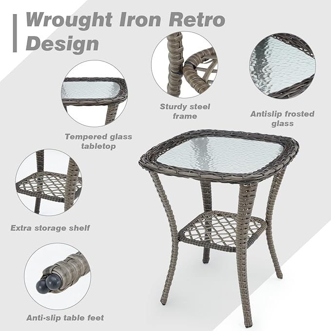 MELLCOM 3 Pieces Patio Furniture Set, Outdoor Swivel Rocker Patio Chairs, Wicker Patio Bistro Set with Rocking Chair, Thickened Cushions and Glass Coffee Table for Backyard, Garden, Grey