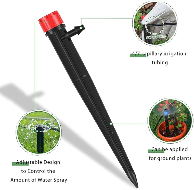 Mudder 100 Pcs 5.2 Inches Drip Irrigation Emitters for 1/4 Inch Drip Irrigation Tubing 360 Degree Adjustable with Arrow Stake Fan Sprayer for Garden Watering System