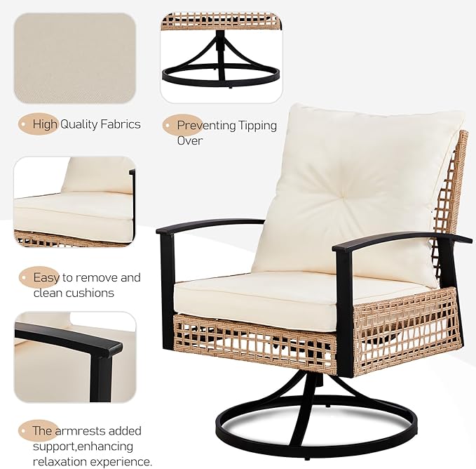 VINGLI 3 Pieces Outdoor Swivel Rocker Patio Chairs, Wicker Patio Bistro Set with 2 Rocking Chairs and 1 Coffee Table, Patio Furniture Set with Thickened Cushions for Porch Backyard Poolside