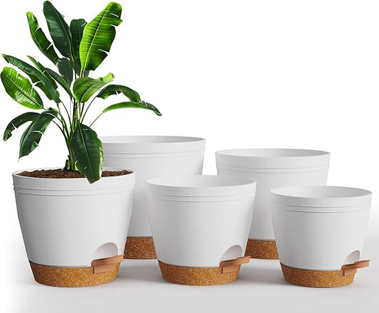Utopia Home Self Watering Pots for Indoor Plants, Planters for Indoor Plants, Multi-Size Flowerpot, Set of 5 Plant Pots with Drainage & Reservoir, 6.8"/6.4"/5.9"/5.5"/4.9" (White)