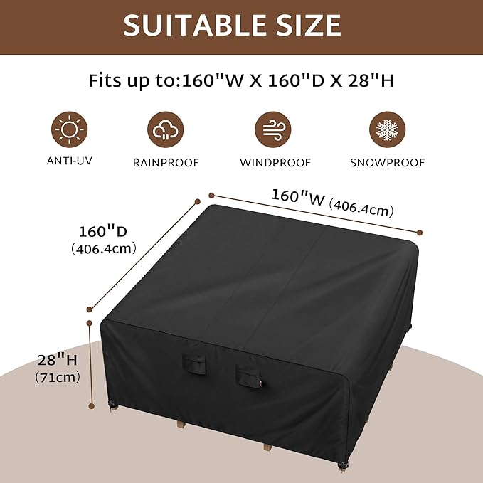 iBirdie Outdoor Patio Furniture Set Covers 160 x 160 inch Waterproof Weatherproof Square Cover, Heavy Duty 600D for Outside Extra Large Dining Table and Chairs fit 13 x 13 ft, 150 x 150 inch