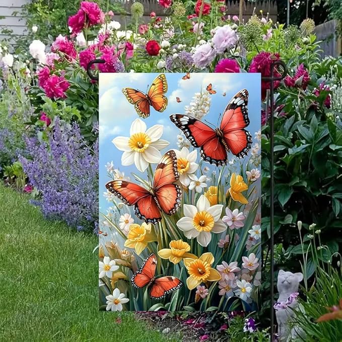 Spring Summer Garden Flag 12x18 Double Sided, Small Burlap Outdoor Butterfly Flowers Yard Lawn Porch Flags Spring Summer Decorations for Outside