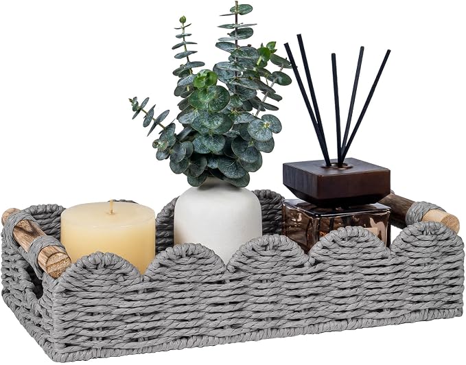 CubesLand Bathroom Basket Organizer, Toilet Tank Basket W/Cut Out Handle | Small Scalloped Wicker Toilet Paper Storage Basket for Bathroom Countertop Decorative Also for Home Decor, Living Room, Grey