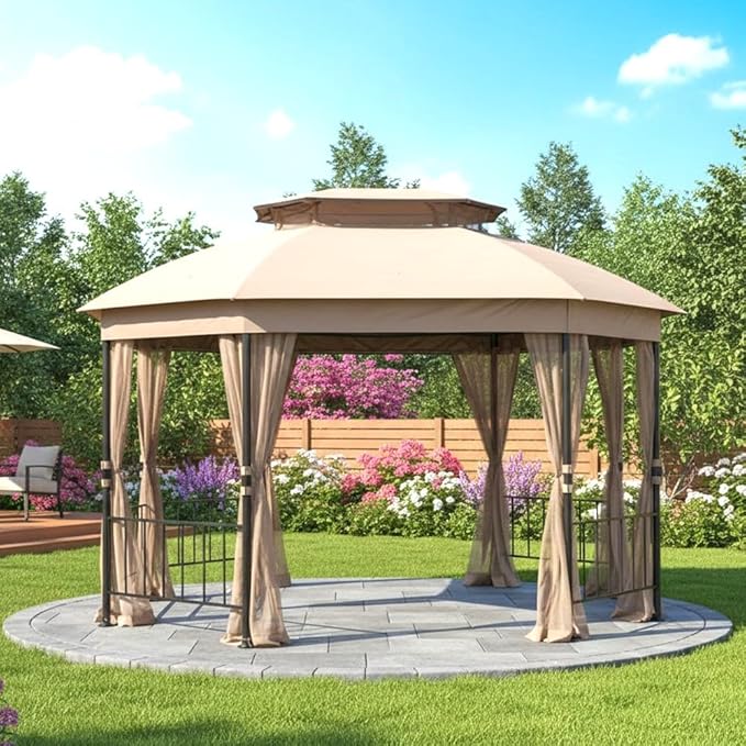 Garden Winds Reinforced Replacement Canopy Top Cover Compatible with The Wilson & Fisher Jefferies 10' x 12' Gazebo - Classic Sand, Riplock 350