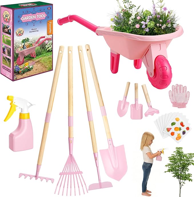Kids Gardening Tools Set with Wheelbarrow, Wooden & Metal Outdoor Gardening Toys for Summer Outdoor Yard Digging & Weeding, Easter Birthday Gifts for Boys Girls Age 3+ Years (Pink)