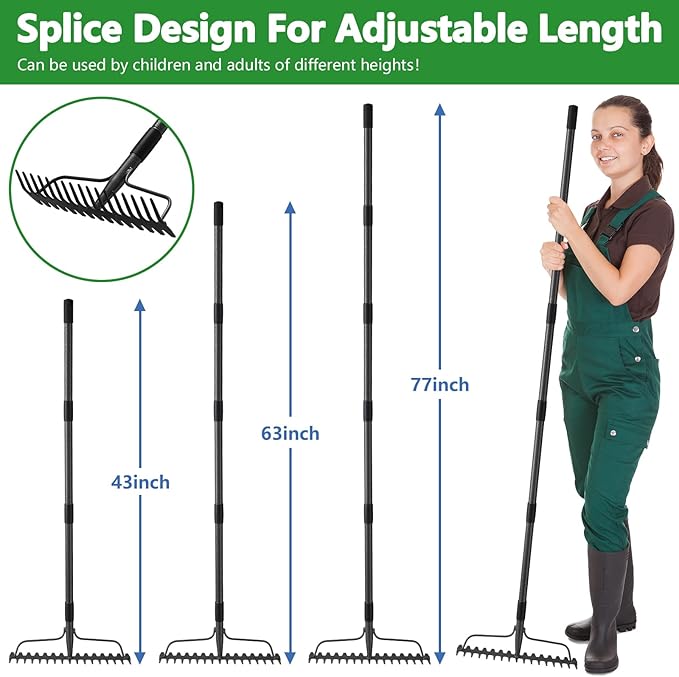 77 inch Bow Rake, 2-in-1 Metal Garden Lawn Rake for Weeding Digger Loosening Soil Raking Leaf Leveling Rocks Spreading Mulch Gravel 17 Tines Adjustable Garden RakeBow Rake