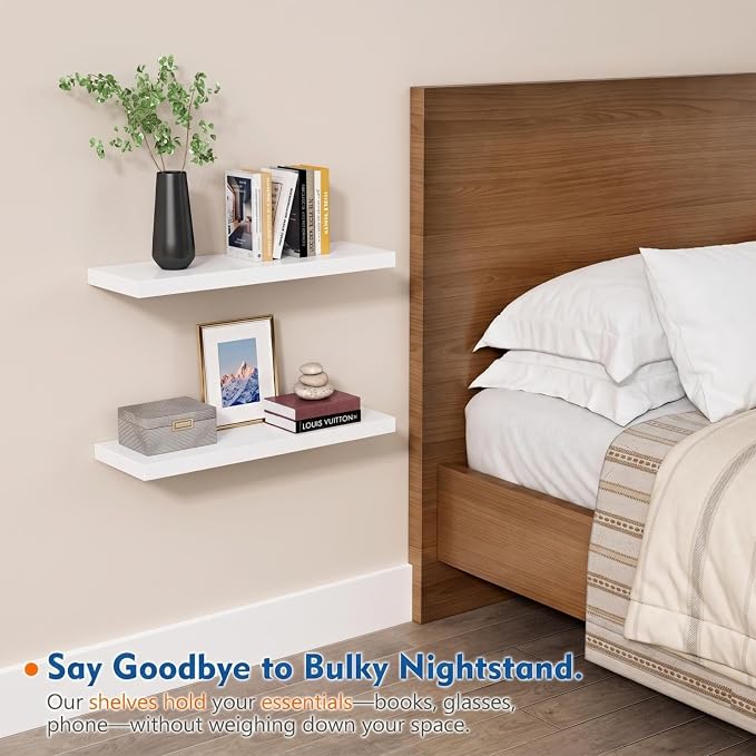 Harwaya 24 Inch White Floating Shelves Bathroom, Bedroom Wall Shelf 2-Pack | 8" Deep Wall Mounted Shelves for Kitchen Office Living Room Closet Plants Books Dresser
