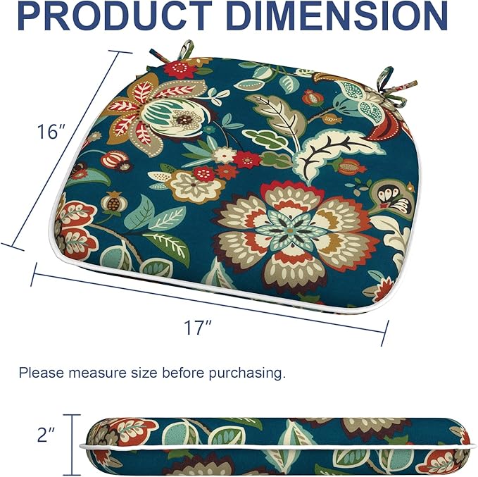 Outdoor Chair Cushions Set of 2, Water Resistant Patio Chair Pads with Ties, Seat Cushions for Home Garden Furniture Decoration, 16"x17", Peacock Blue