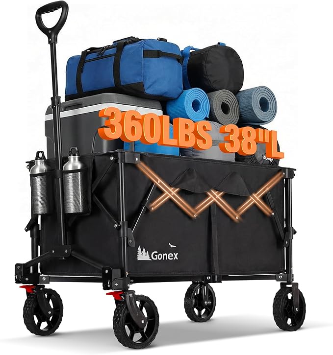 Gonex 220L Collapsible Foldable Wagon Cart with 360lbs Weight Capacity, 38''L Folding Utility Garden Cart with Detachable Wheels for Grocery Sports Shopping Camping - Black