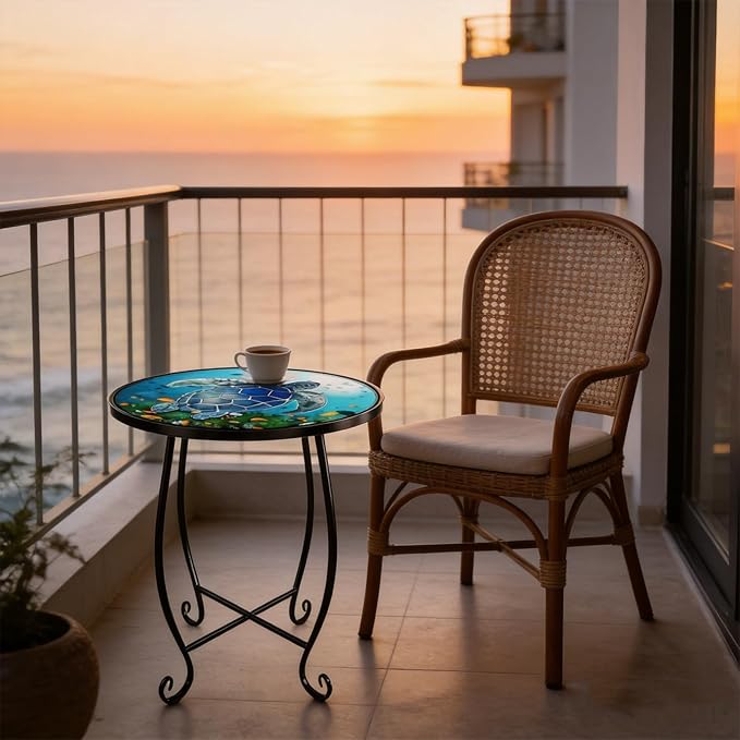 2-Pack 15 Inch Tall Mosaic Patio Side Tables Style, Metal Folding Turtle Table Set, Shatterproof Outdoor Patio Table for Porch Deck, Rust Resistant Small Garden Table (Set of 2)