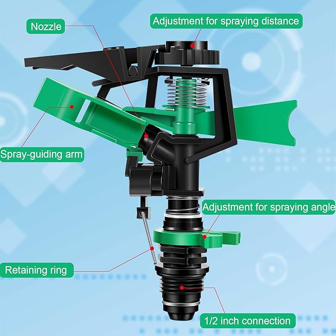 Honoson 1/2 Inch Plastic Impact Sprinklers Heads Adjustable 0-360 Degree Pulsating Oscillating Watering Sprinkler Head for Garden Law Grass Yard Irrigation Supplies (8 Pcs,Green)