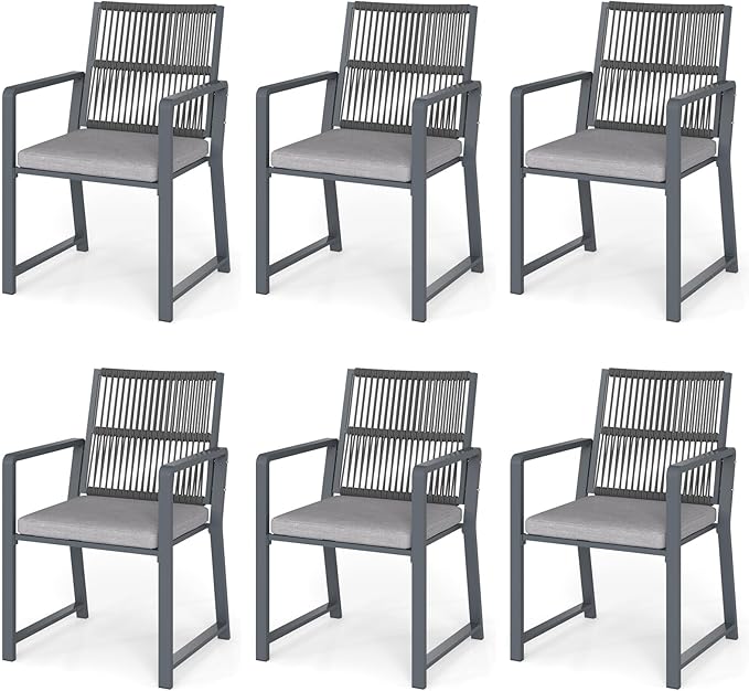 Outdoor Patio Wicker Rattan Dining Chairs, Heavy-Duty Wrought Iron Frame Supports 300lbs, Ergonomic Backrest, Detachable Breathable Cushion, for Garden & Porch, Dark Gray, Set of 6