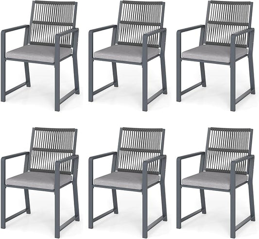 Outdoor Patio Wicker Rattan Dining Chairs, Heavy-Duty Wrought Iron Frame Supports 300lbs, Ergonomic Backrest, Detachable Breathable Cushion, for Garden & Porch, Dark Gray, Set of 6