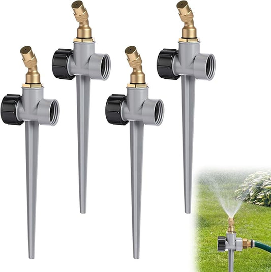 Tioncy 4 Pack Metal Lawn Sprinkler with Brass Nozzle, Heavy Duty Garden Spike Sprinkler Automatic Irrigation Tool for Lawn Garden Yard Greenhouse(Single Nozzle,Silver)