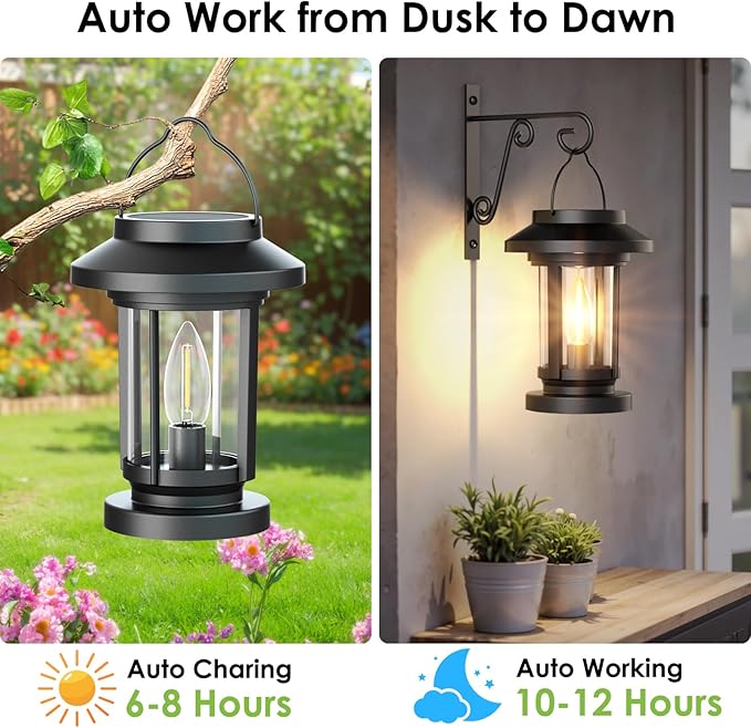 Greluna Solar Lantern Outdoor, Waterproof Candle Style Bulb Solar Hanging Lights, Auto On/Off Decorative Outside Garden Lights for Patio Yard Porch Pool Camping Tabletop Decor