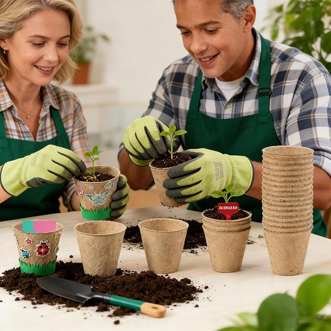 NNG 40 Set Garden Paper Pot Craft Kit,40Pcs Round Paper Mache Pots Peat Plant Pots with 400pcs Adhesive Foam Stickers & 40Pcs Pots Labels,Flower Plant Spring Craft for DIY Flower Planting