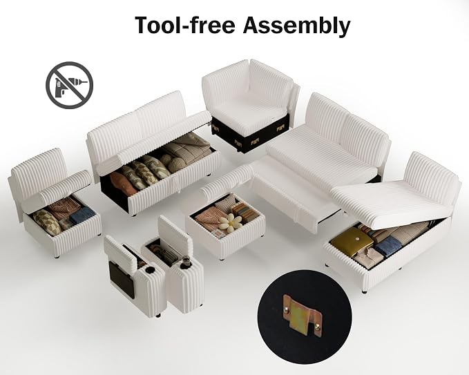 Vipbear 130" Modular Sectional Sleeper Sofa with Pull Out Bed, 9 Seat Corduroy L Shaped Couch with Ottoman and Chaise|USB Ports|Cup Holders|Side Table, Tool Free Assembly, Beige