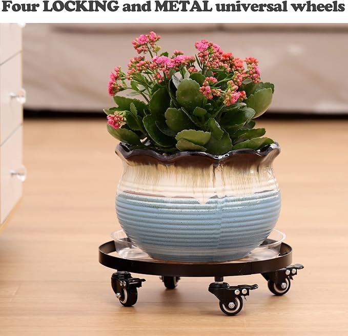 4 Packs 13.6 Inch Large Metal Plant Caddy with Wheels Plant Dolly with Casters Heavy-duty Rolling Wheeled Plant Stand for Indoor Outdoor Flower Pot Mover Rollers Coasters Black, Strong Load Capacity
