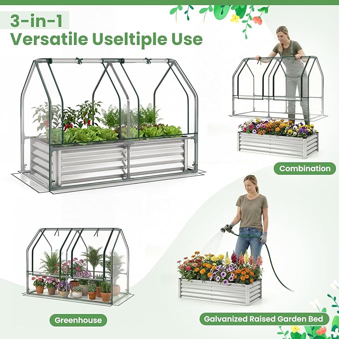 HAPPYGRILL 4 x 2 x 3 FT Galvanized Raised Garden Bed with Cover, Metal Elevated Planter Box with Dual Roll-up Windows for Vegetables Herbs Flowers, Mini Greenhouse for Outdoor Patio Balcony (Sliver)
