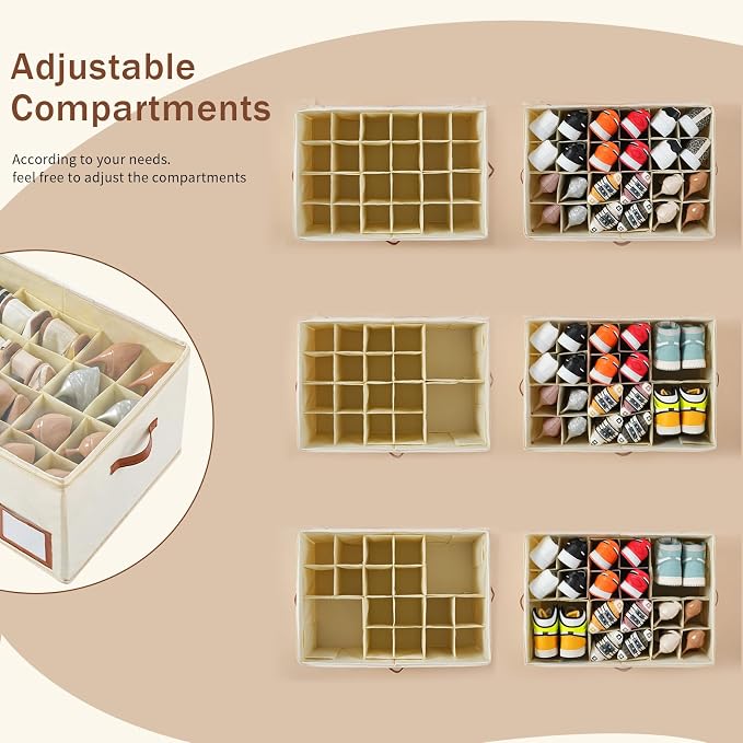INSTY 1 Pack Shoe Organizer for Closet, Shoe Storage Organizer, Adjustable Dividers for Shoe Storage, Fabric Shoe Storage Bins with Clear Cover, Beige