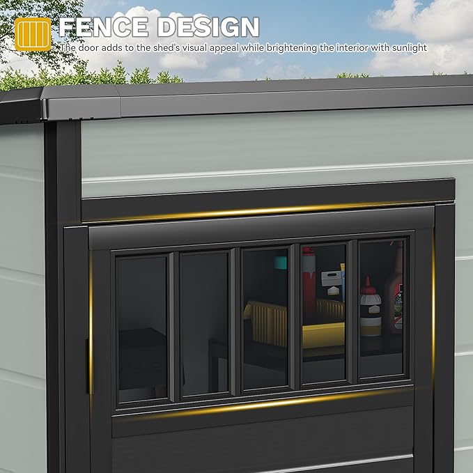 DWVO Outdoor Storage Shed 5x3FT with Fence-Style and Side Windows, Floor & Lockable Doors, Plastic Storage Shed, Storage Shed for Backyard and Garden