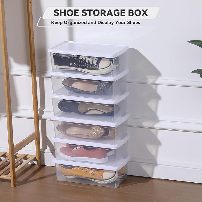 novelinks 8 Pack 6 Quart Clear Plastic Shoe Storage Bins with Lids (White)
