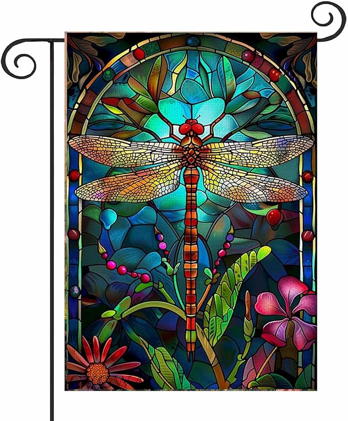 Stained Glass Spring Dragonfly Garden Flag 12x18 Inch Double Sided for Outside, Floral Small Burlap Yard Flag Seasonal Farmhouse Outside Outdoor Decor