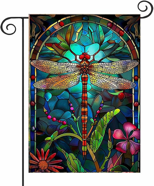 Stained Glass Spring Dragonfly Garden Flag 12x18 Inch Double Sided for Outside, Floral Small Burlap Yard Flag Seasonal Farmhouse Outside Outdoor Decor