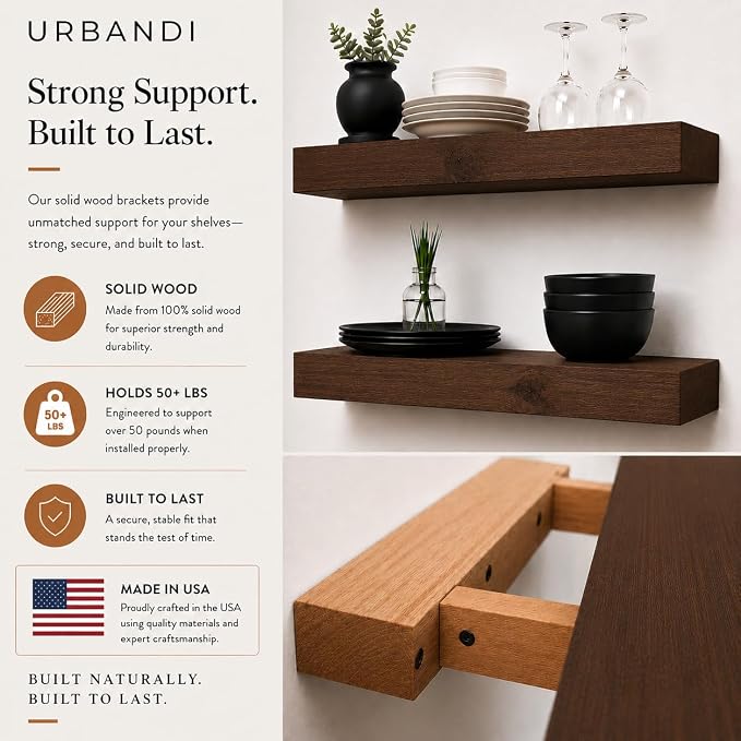 Urbandi Modern Floating Shelves 3 Inches Thick for Wall, Wide Shelves for Kitchen, Living Room, Bedroom, and Bathroom, Natural Pine Wood, Rustic Wooden Shelf, (Set of 2) (Provincial, 36Lx3Hx8D)