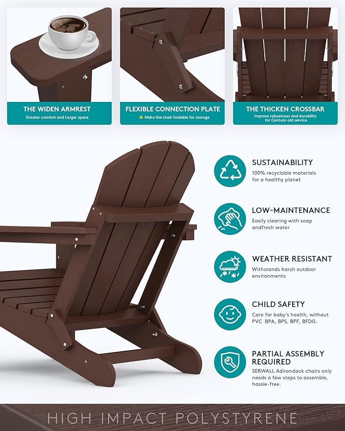 SERWALL Folding Adirondack Chair Set of 6, Weather Resistant HIPS Lawn Chairs with Cup Holder for Backyard, Garden (Folding Coffee)