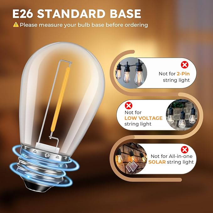 GvvooHome 48 Pack S14 LED Replacement Light Bulbs, Shatterproof Plastic 1W Outdoor String Light Bulbs for Patio, Garden, Waterproof, E26 Regular Medium Screw Base, Warm White
