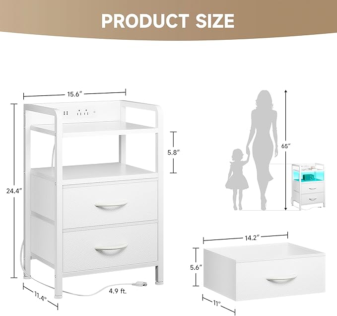 Lazzanto Nightstand with Rear Charging Station, LED Light, 2 Drawers, White