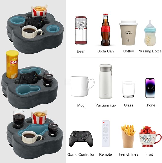 Couch Cup Holder Pillow, Sofa Organizer Caddy, Grey, 12x12x3.7Inch | Tray Pillow, Sofa Pillow Drink Tray Bed Refreshment Caddy for iPad, Drinks, Remotes, Phones, Snacks, Removable, Washable