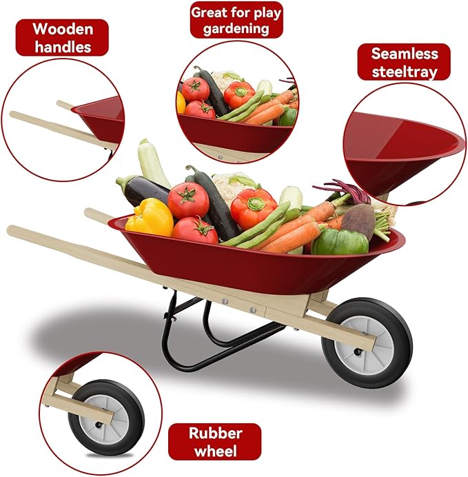 Qtioucp Kids Wheelbarrow Set with Gardening Tools Outdoor Backyard Garden Play for Toddlers Boys Girls 3-8, with Shovel, Rake, Leaf Rake, Easter Birthday Gifts (Red Garden Set)