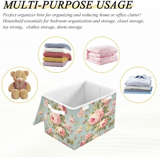 senya Flower Baskets Collapsible Storage Bins with Lids, Vintage Pink Rose Flower Storage Boxes Clothes Baskets for Organizing, B06D22020