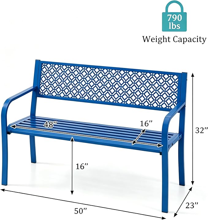 Garvee Outdoor Metal Garden Bench for 2 Person, Heavy Duty Steel Patio Bench 790 Lbs Capacity, Weather Resistant Black Porch Seating with Geometric Backrest, Outdoor Furniture for Yard, Deck, Entryway