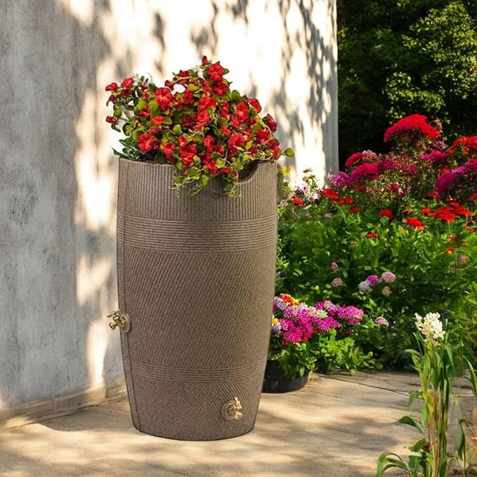 Decorative Rain Barrel with Planter, Impressions Havana, 50 Gallon, Unique Multi-Directional line Texture, Brass Spigot, Water Collection Tank,Khaki Granite. (Khaki Granite, 1 Piece)