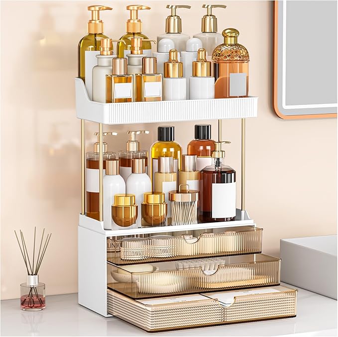 caktraie 3-Drawer 2-Tier Acrylic Makeup & Bathroom Vanity Organizer | Amber,3 smooth drawers, 2 open shelves, dustproof, wipe clean, for large skincare, perfumes, lipsticks, dresser, counter