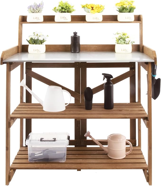 Ketive Folding Potting Bench Table,Outdoor Potting Bench Garden Wooden Potting Table,Fir Wood Workstation Planting Table with Galvanized Tabletop,2 Tier Storage Shelves,Top Shelf(Brown)