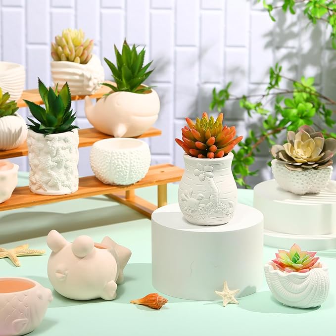 Hushee 12 Sets Ceramic Succulent Planters Paintable Succulent Plant Pots Small DIY Figurines Unpainted Pots with Drainage Hole Color Paints Paintbrushes Palettes