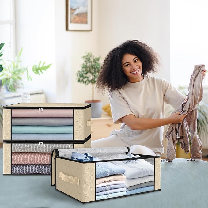 HomeHacks 8-Pack Clothes Organizer Storage Bags, 35L Storage Bins, Beige